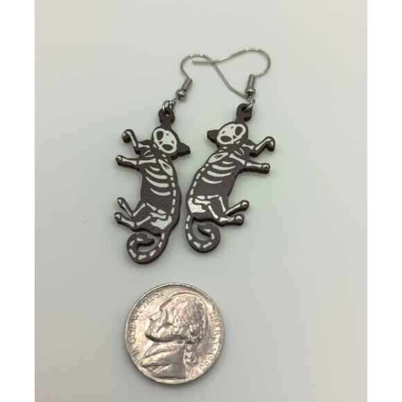 Skeleton Cat Earrings | Lightweight Wooden Dangle Earrings | Spooky Cute | New - Picture 2 of 2